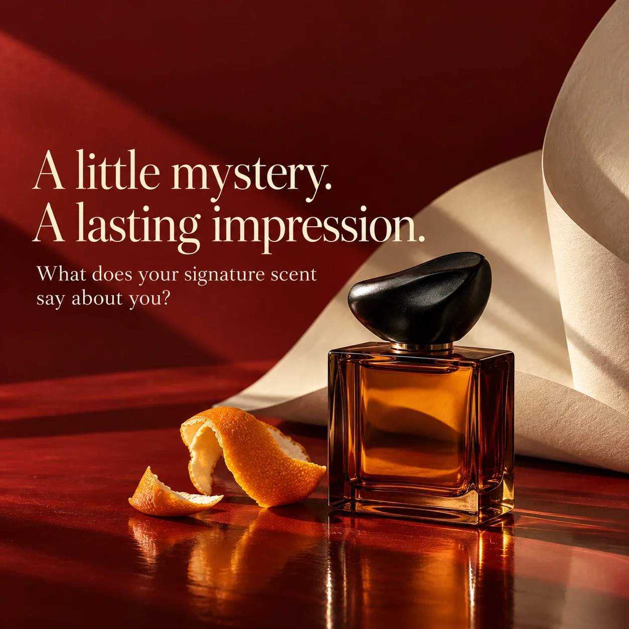 Unbranded amber perfume bottle with A little mystery. A lasting impression. creative copy