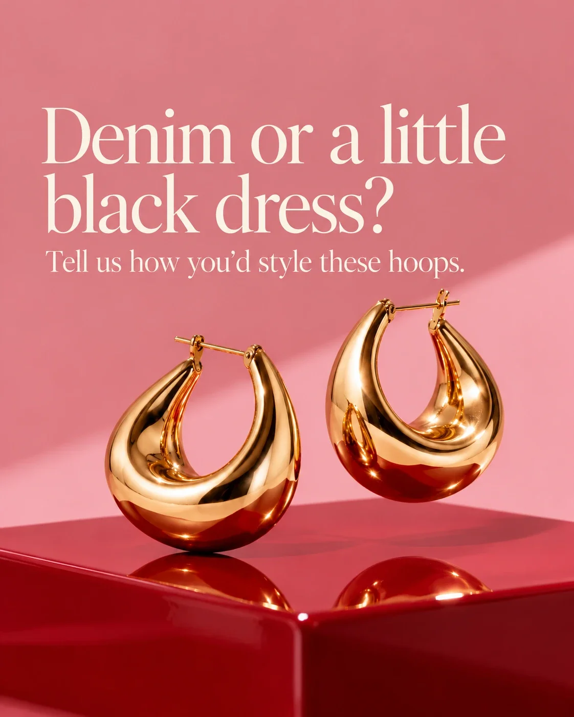 Gold earrings with an outfit styling question: Denim or a little black dress?