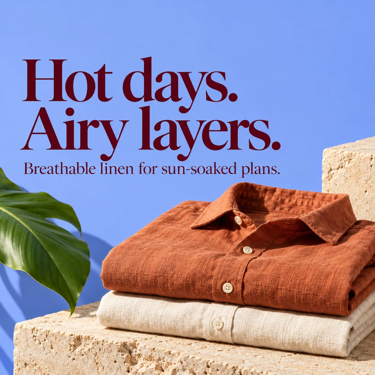 Linen shirts with warm-weather comfort copy: Hot days. Airy layers.