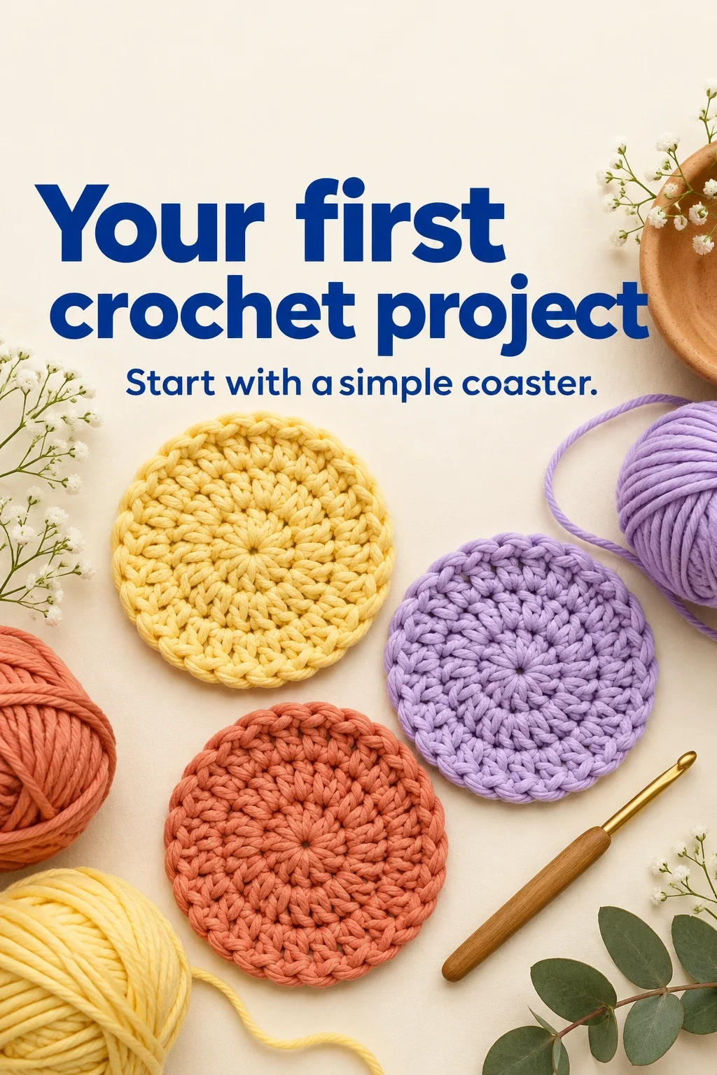 A beginner crochet idea showing colorful handmade coasters, a hook and yarn