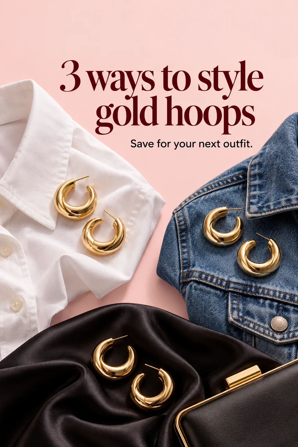 Three ways to style gold hoops with white shirt, denim and satin outfit details