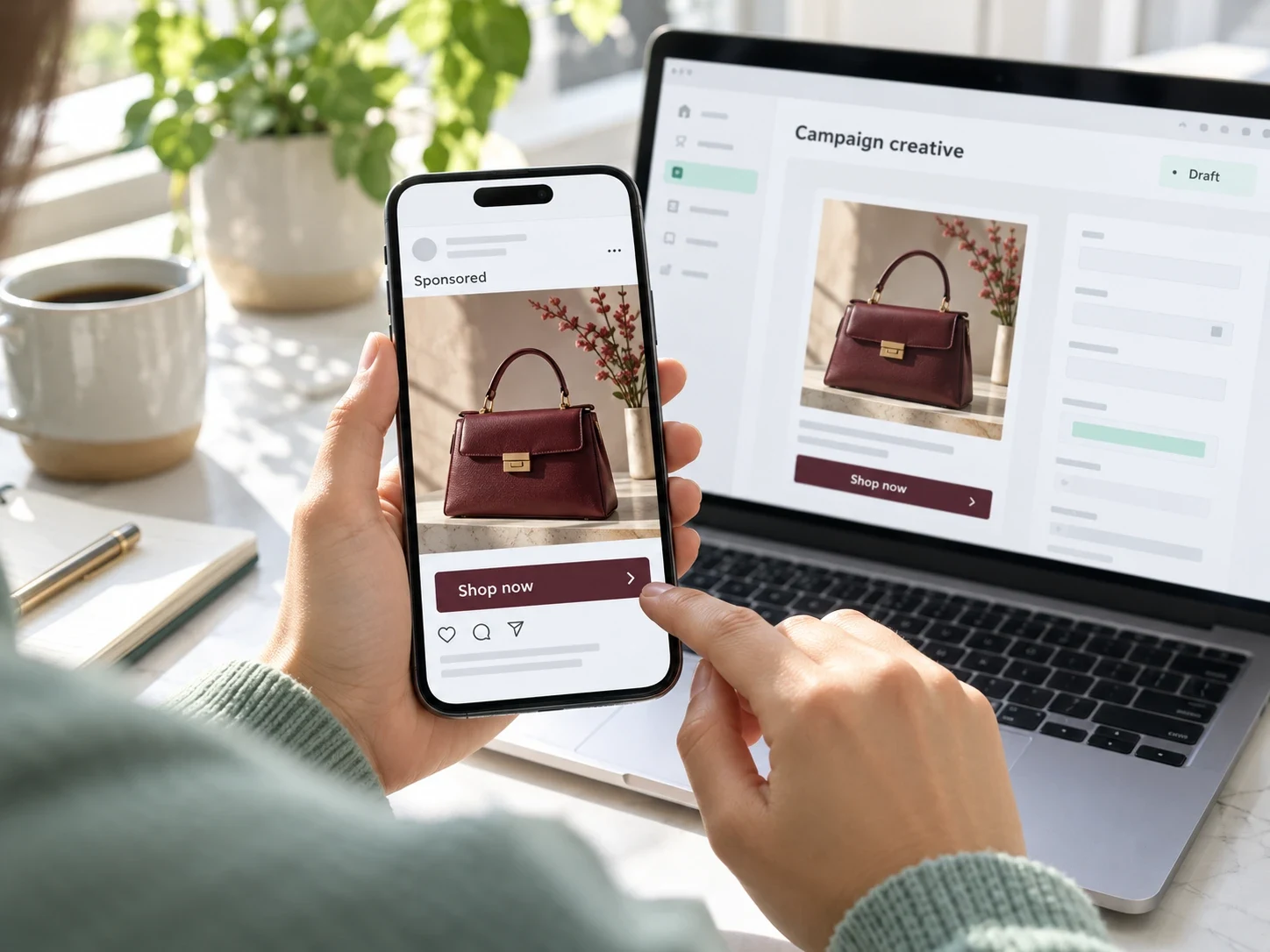 A shopper viewing a Sponsored handbag ad with a Shop now button beside a campaign-creative workspace