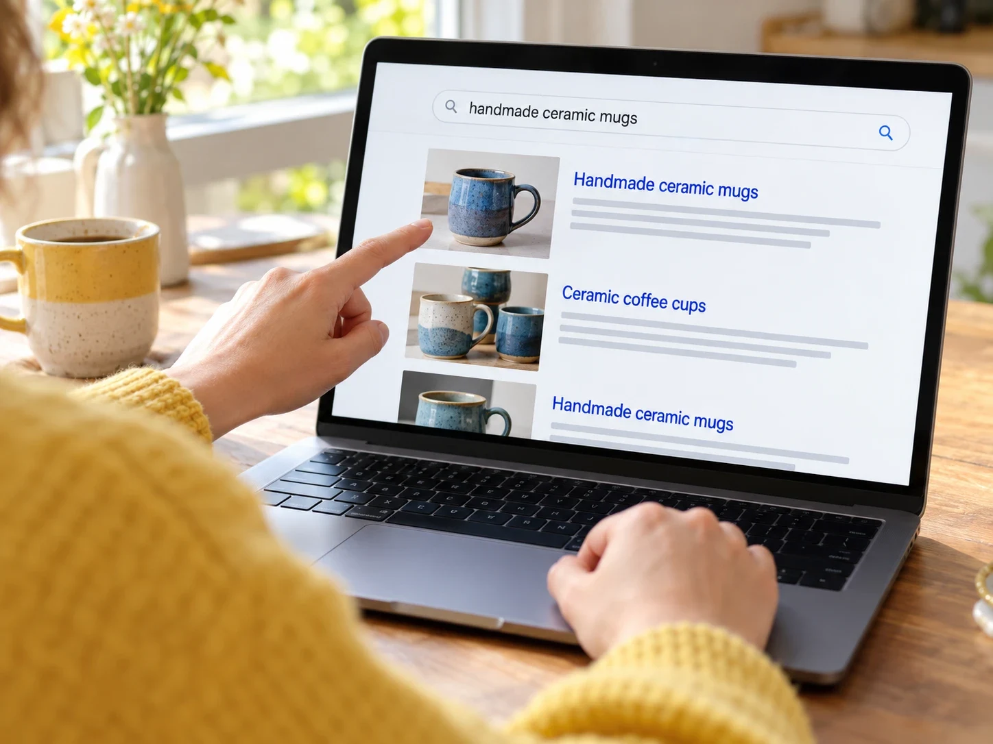 A shopper searching for handmade ceramic mugs and finding product results on a laptop
