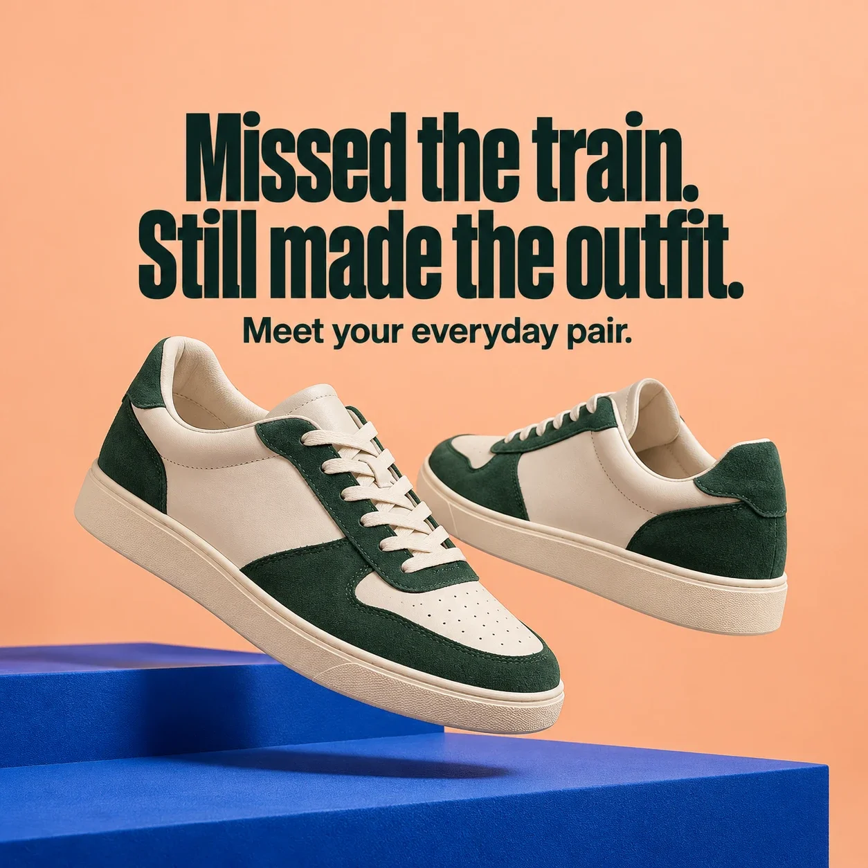Ivory and green sneakers with Missed the train. Still made the outfit. creative copy