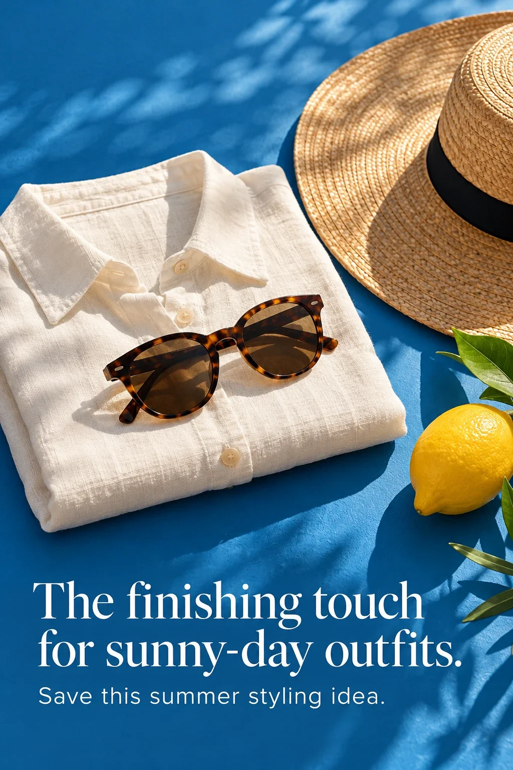 Tortoiseshell sunglasses with sunny-day outfit styling including a linen shirt and sun hat
